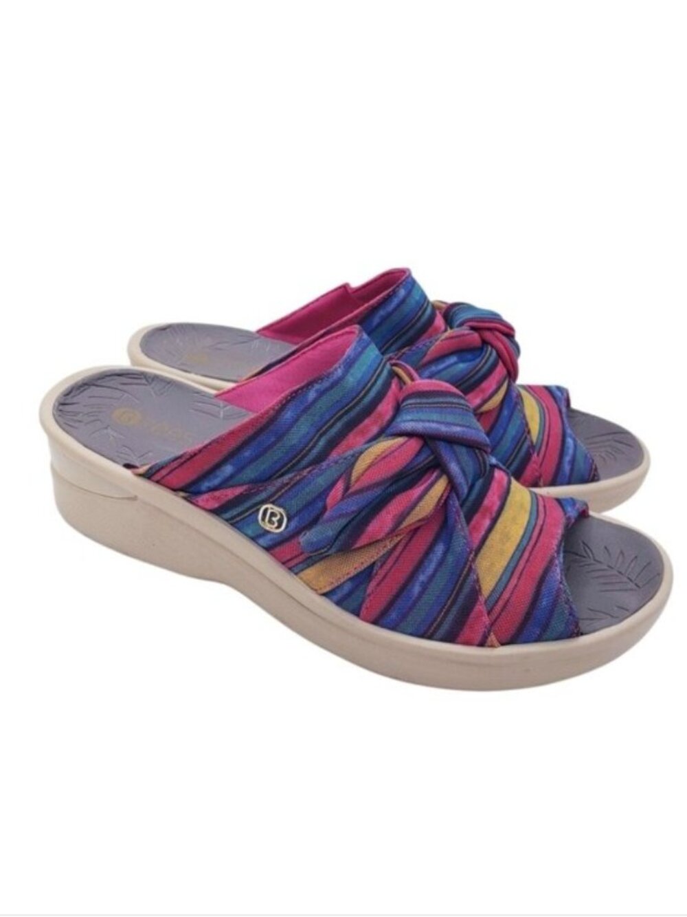 Bzees Smile Bow Pink & Blue Stripe Slip On Wedge Sandals Women's Size 8